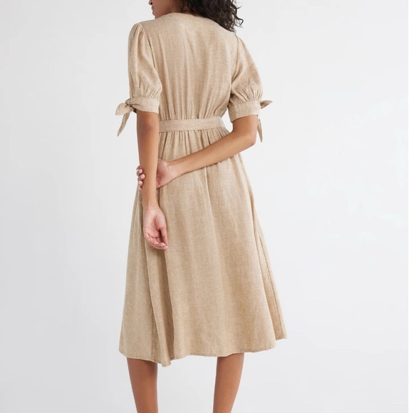 Time & Tru Tan Tie-Sleeve Linen Blend Midi Dress - Picture 3 of 8